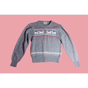 1970s ALBEROY Bow, RIBBON, Hearts, & Angora DOGs Cardigan W/Bow Buttons. S-M